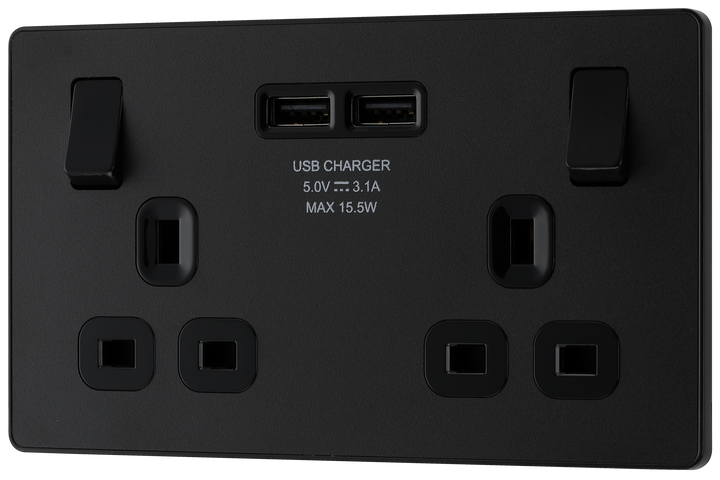 PCDMB22U3B Front - This Evolve Matt Black 13A double power socket from British General comes with two USB charging ports, allowing you to plug in an electrical device and charge mobile devices simultaneously without having to sacrifice a power socket. 