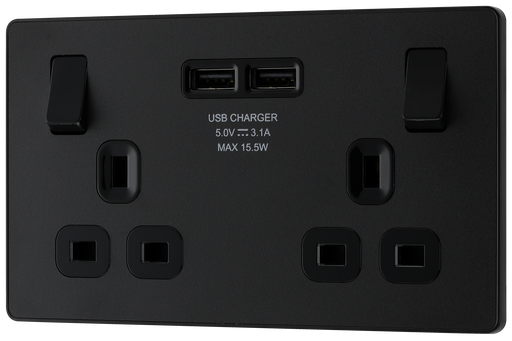 PCDMB22U3B Front - This Evolve Matt Black 13A double power socket from British General comes with two USB charging ports, allowing you to plug in an electrical device and charge mobile devices simultaneously without having to sacrifice a power socket. 
