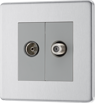 BG FBS65 Flatplate Screwless Satellite and Co-axial Socket, 2 Gang, Brushed Steel - Grey Insert