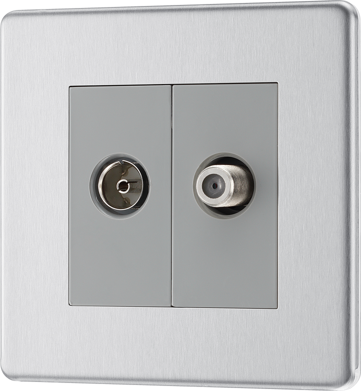 FBS65 Front - This satellite and coaxial socket from British General provides 1 outlet for a TV or FM coaxial aerial connection and 1 outlet for satellite connection.