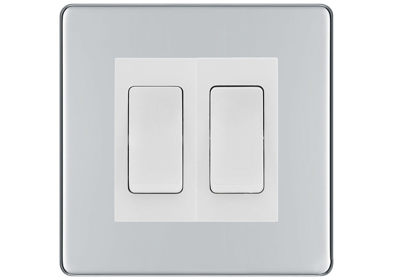 BG Electrical Screwless Polished Chrome 2-Gang Light Switch 1x 2-Way + 1x Intermediate – White Inserts