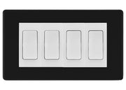 BG Electrical Screwless Matt Black 4-Gang Light Switch 2x 2-Way + 2x Intermediate – White Inserts