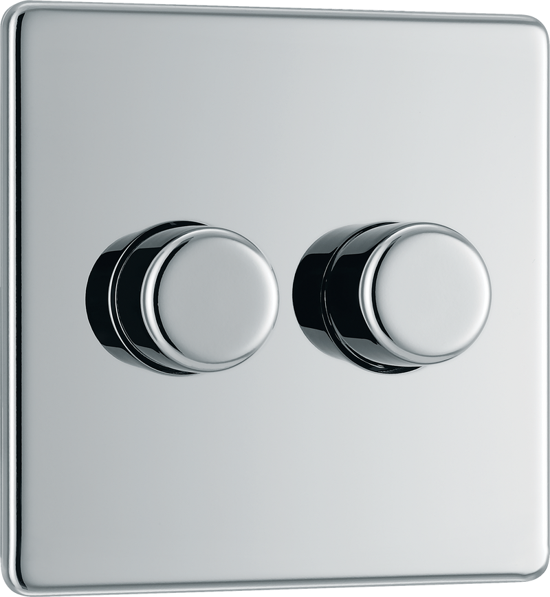 BG Electrical FPC82 Nexus Flatplate Screwless Polished Chrome 2 Gang 200W 2 Way Trailing-Edge Push Dimmer Switch