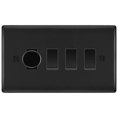 BG Nexus Matt Black 4 Gang Switch 1x Trailing Edge LED Dimmer 3x Intermediate Custom Grid Switch by British General (BG-Nexus-FB-4G-CUSTOM-1x-Dimmer-3x-INT)