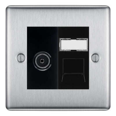 BG Nexus Brushed Steel TV Aerial & RJ45 CAT6 Data Socket - Black Insert