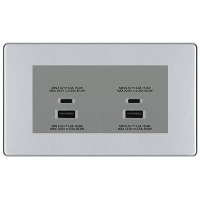 BG Screwless Polished Chrome 4G Faceplate with 45W USB A+C Charger Modules – Grey Insert by British General (BG-FPCEMR4+EMUSBAC45G)