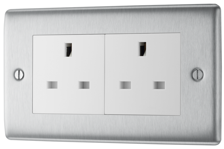 NBS24W Front - This brushed steel finish 13A double unswitched socket from British General has a sleek and slim profile with softly rounded edges and an anti-fingerprint lacquer for a luxurious finish. This socket has been designed with angled in line colour coded terminals and backed out captive screws for ease of installation.