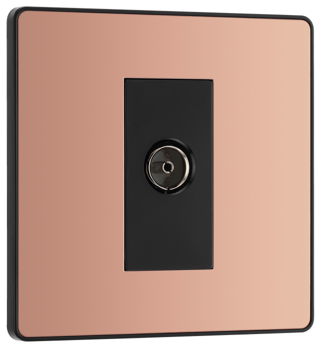 PCDCP60B Front - This Evolve Polished Copper single coaxial socket from British General can be used for TV or FM aerial connections. This socket has a low profile screwless flat plate that clips on and off, making it ideal for modern interiors.