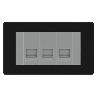 BG Screwless Matt Black 3 Gang Secondary Telephone Socket, Screw Terminal - Grey Insert