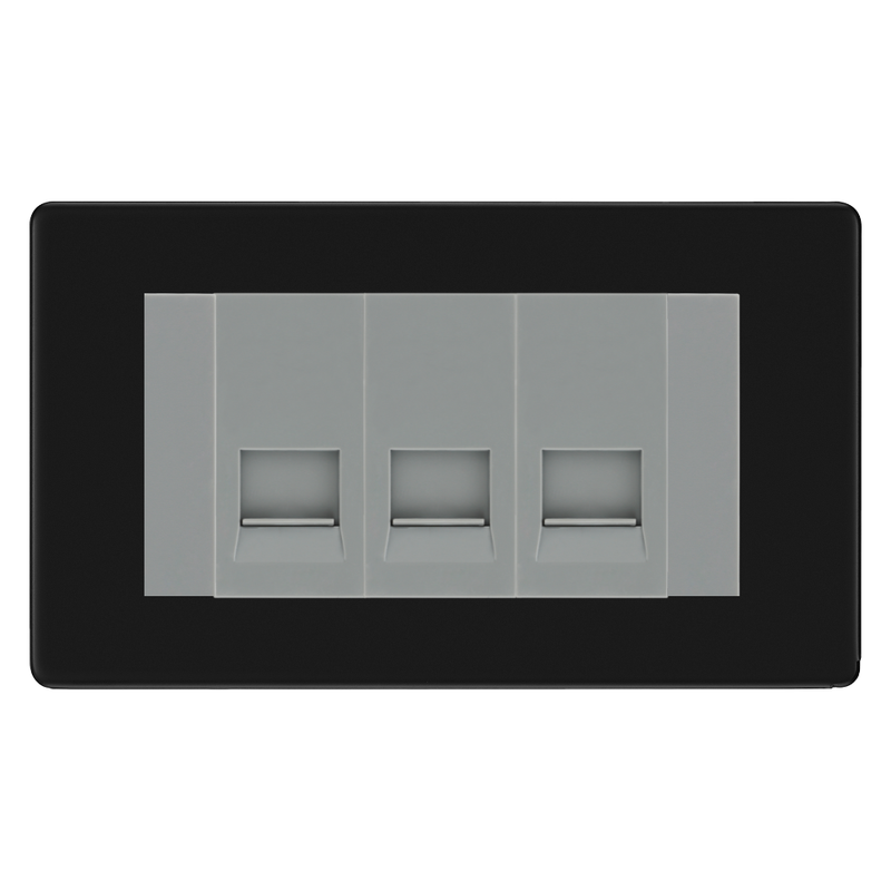 BG Screwless Matt Black 3 Gang Secondary Telephone Socket, Screw Terminal - Grey Insert