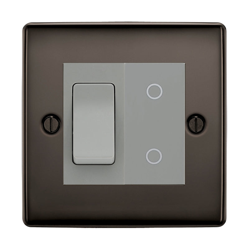 BG Black Nickel 2 Gang Custom Switch 1x 2 Way Switch 1x Secondary Touch Dimmer Grey Inserts