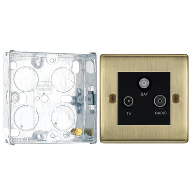 BG Nexus Antique Brass Triplex TV/FM/Sat Socket NAB67 with 25mm Steel Back Box by British General (BG-NAB67+HGS02)