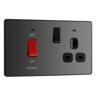 BG Evolve Black Chrome 45A Switch 13A Switched Socket Cooker Control Unit PCDBC70B with 35mm Steel Back Box