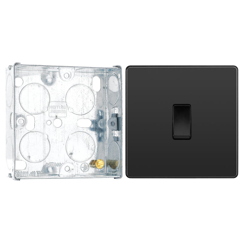 BG Evolve Black Chrome 1 Gang 20A 16AX 2 Way Light Switch PCDBC12B with 25mm Steel Back Box