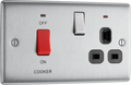 BG NBS70B Nexus Metal Brushed Steel 45A 2 Pole Cooker Switch 13A Neon Switched Socket - Black Insert