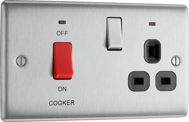 NBS70B Front - This 45A cooker control unit from British General includes a 13A socket for an additional appliance outlet, and has flush LED indicators above the socket and switch.