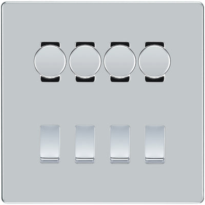 BG Screwless Polished Chrome 8 Gang Switch 4x Trailing Edge LED Dimmer 4x 2Way Custom Switch by British General (BG-SCRL-PC-8G-CUSTOM-4x-Dimmer-4x-2WAY)