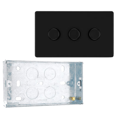 BG Screwless Matt Black 200W 2 Way Triple Trailing Edge Dimmer Switch FFB83 with 25mm Steel Back Box