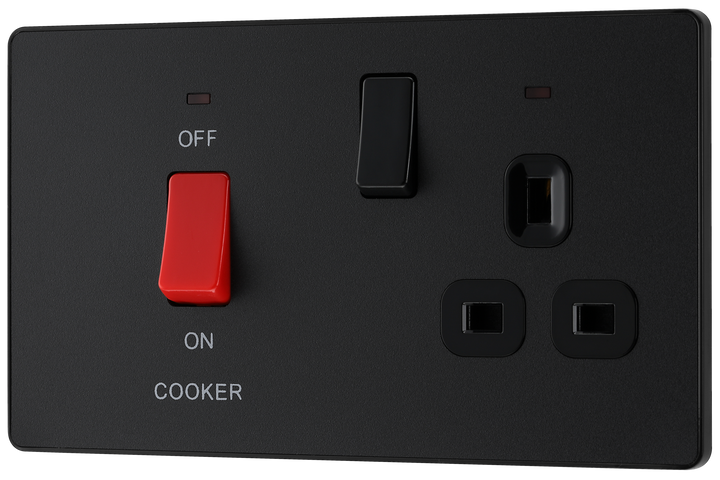 PCDMB70B Front - This Evolve Matt Black 45A cooker control unit from British General includes a 13A socket for an additional appliance outlet, and has flush LED indicators above the socket and switch.