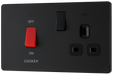PCDMB70B Front - This Evolve Matt Black 45A cooker control unit from British General includes a 13A socket for an additional appliance outlet, and has flush LED indicators above the socket and switch.