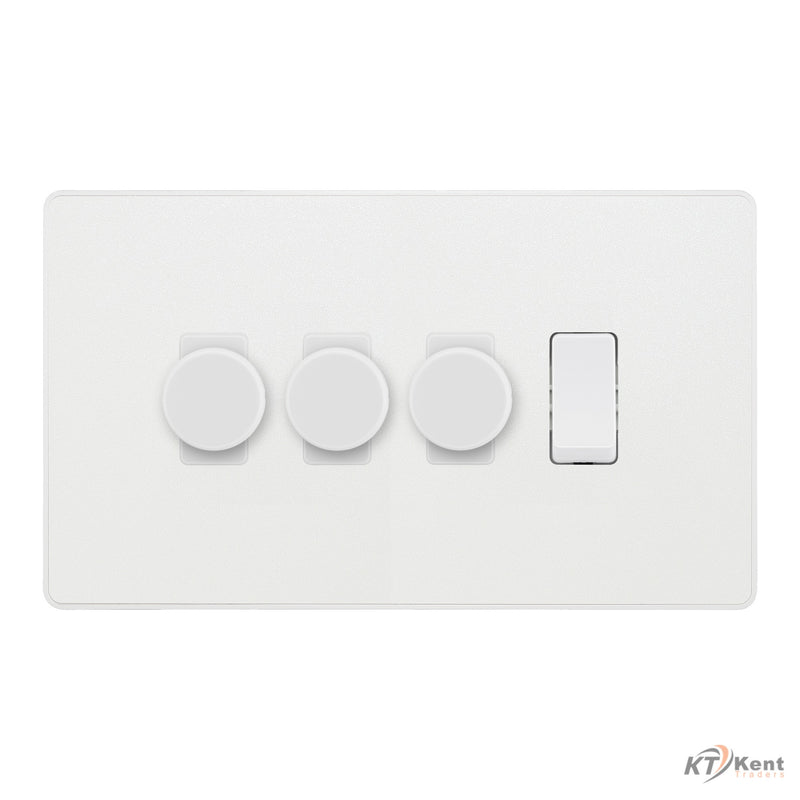 BG Evolve Pearlescent White 4 Gang Switch 3x Dual Mode LED Dimmer 1x Intermediate Custom Grid Switch