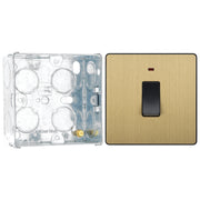 BG Evolve Satin Brass 20A Double Pole Switch with Neon PCDSB31B with 35mm Steel Back Box