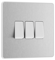 BG PCDBS43W Brushed Steel Evolve 3 Gang 20A 16AX 2 Way Light Switch - White Insert by British General (BG-PCDBS43W-Shopify-SA_1)