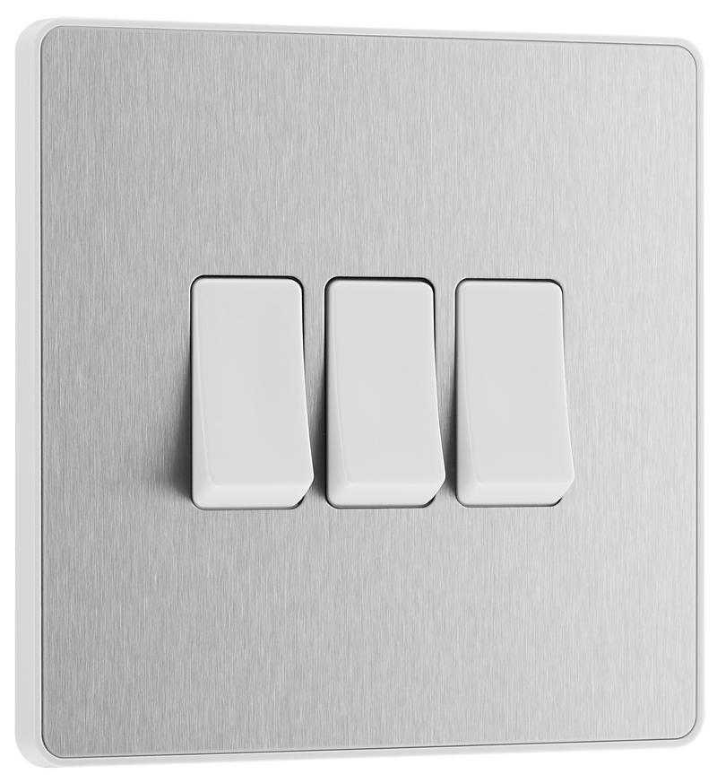 BG PCDBS43W Brushed Steel Evolve 3 Gang 20A 16AX 2 Way Light Switch - White Insert