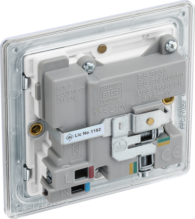 BG FPC21U2W Nexus Screwless Flat-Plate Single Switched Plug Socket Polished Chrome White Insert 2 USB 2.1A