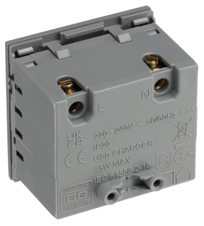 BG EMUSBAC45G Euro Module 2 Port A & C 45 USB Charging Module - Grey by British General (BG-EMUSBAC45G)