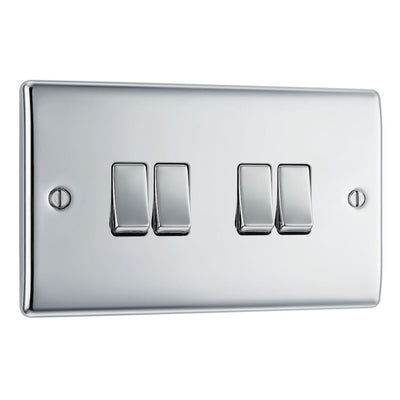 BG Nexus Polished Chrome 4 Gang 20A 16AX 2 Way Light Switch NPC44 with 35mm Steel Back Box