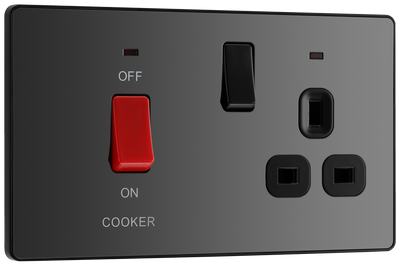 BG PCDBC70B Black Chrome Evolve 45A 2 Pole Cooker Control Unit 13A Switched Socket - Black Insert by British General (BG-PCDBC70B)