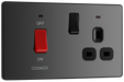 PCDBC70B Front - This Evolve Black Chrome 45A cooker control unit from British General includes a 13A socket for an additional appliance outlet, and has flush LED indicators above the socket and switch.