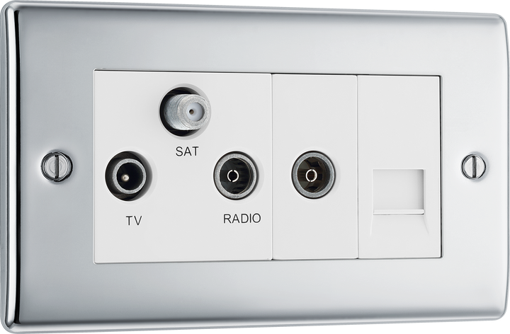 NPC68 Front - This screened Triplex socket from British General has an outlet for TV FM and satellite, plus a return and shuttered telephone socket.