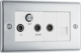 NPC68 Front - This screened Triplex socket from British General has an outlet for TV FM and satellite, plus a return and shuttered telephone socket.