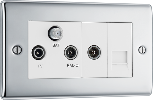 NPC68 Front - This screened Triplex socket from British General has an outlet for TV FM and satellite, plus a return and shuttered telephone socket.
