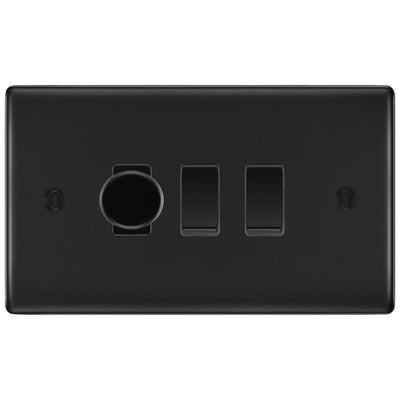 BG Matt Black 3 Gang Switch 1x Trailing Edge LED Dimmer 2x 2 Way Custom Grid Switch by British General (NEXUS-MB-CUSTOM-3GANG-1x-DIMMER-2x-2WAY)