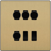 BG Evolve Satin Brass 6 Gang Switch 4x Trailing Edge LED Dimmer 2x Intermediate Custom Grid by British General (BG-Evolve-SB-6G-CUSTOM-4x-Dimmer-2x-INT)