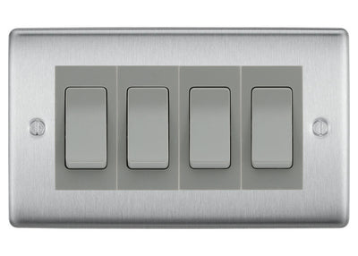 BG Nexus Brushed Steel 4-Gang Light Switch 3x 2-Way + 1x Intermediate – Grey Inserts by British General (BG-Nexus-BS-4G-Combo-1x INT-3x 2WAY-GR)