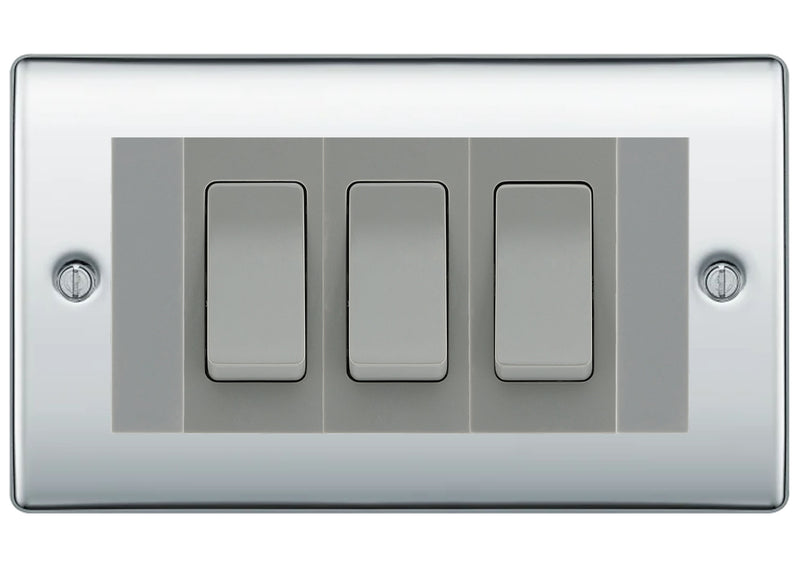 BG Nexus Polished Chrome 3G Switch 1x Intermediate 2x 2 Way Switch - Grey Insert