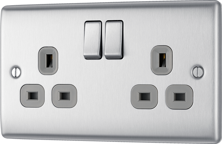 NBS22G Front - This brushed steel finish 13A double switched socket from British General has a sleek and slim profile with softly rounded edges, anti-fingerprint lacquer and no visible plastic around the switches for a luxurious finish.