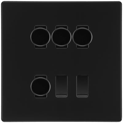 BG Screwless Matt Black 6 Gang Switch 4x Trailing Edge LED Dimmer 2x 2Way Custom Grid Switch