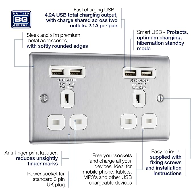 BG NBS24U44W Nexus Metal Brushed Steel 2 Gang 13A 4x USB-A 4.2A Unswitched Socket - White Insert