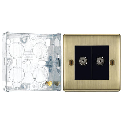 BG Nexus Antique Brass Diplex TV/FM Socket NAB66 with 25mm Steel Back Box by British General (BG-NAB66+HGS02)