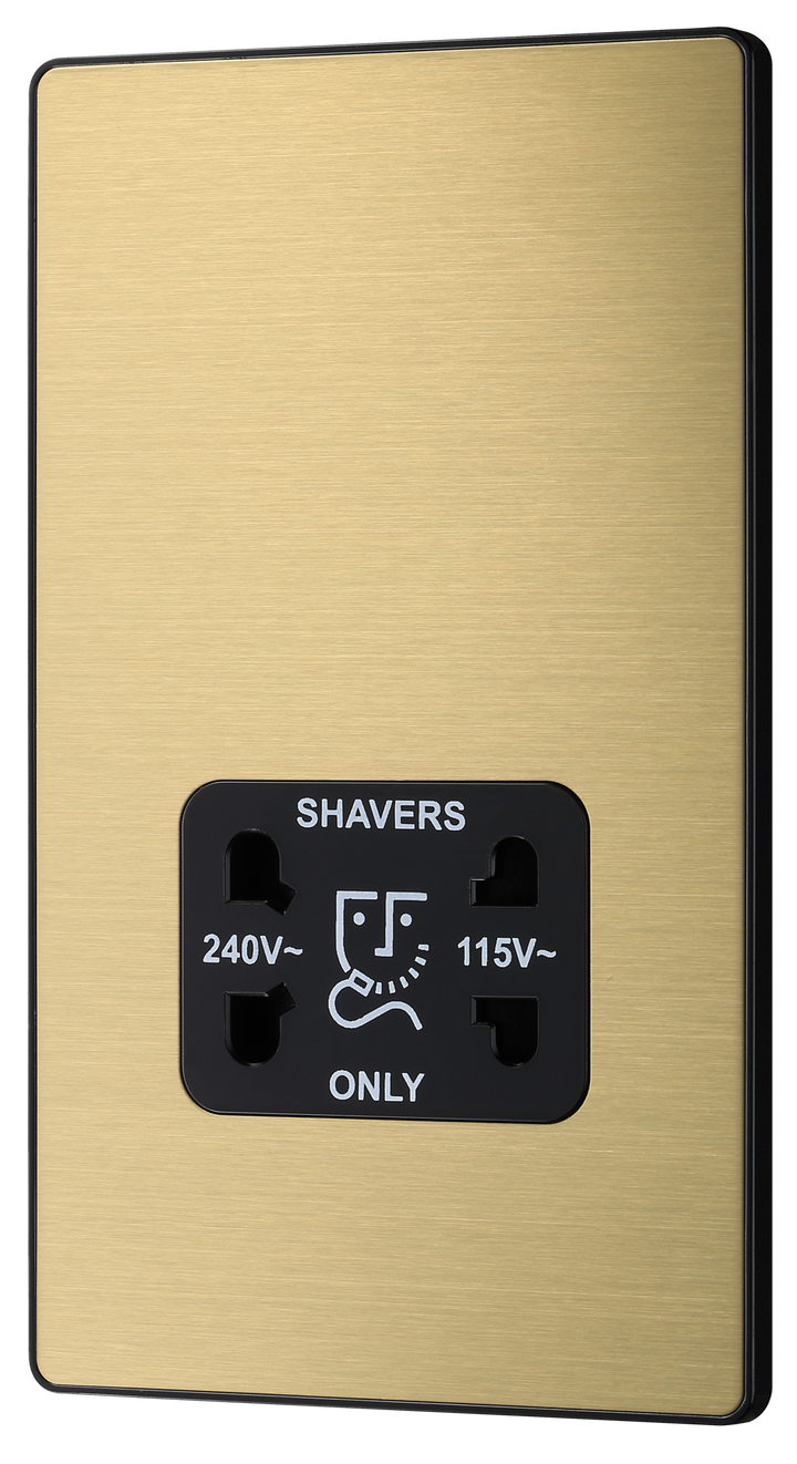 PCDSB20B Front - This Evolve Satin Brass dual voltage shaver socket from British General is suitable for use with 240V and 115V shavers and electric toothbrushes.