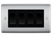 BG Nexus Brushed Steel 4-Gang Light Switch 2X 2-Way + 2X Intermediate – Black Inserts by British General (BG-Nexus-BS-4G-Combo-2x INT-2x 2WAY-BL)