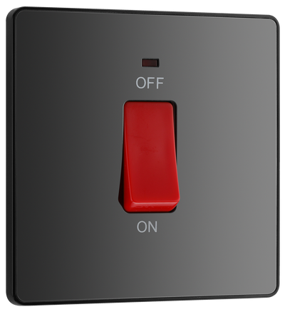 PCDBC74B Front - This Evolve Black Chrome 45A double pole switch with indicator from British General is ideal for use with cookers and ovens.
