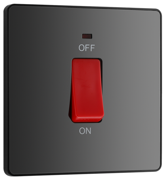 PCDBC74B Front - This Evolve Black Chrome 45A double pole switch with indicator from British General is ideal for use with cookers and ovens.