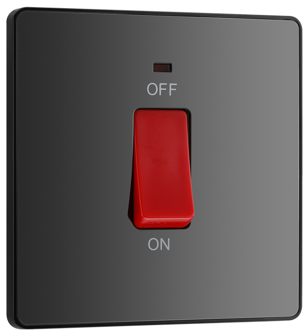 PCDBC74B Front - This Evolve Black Chrome 45A double pole switch with indicator from British General is ideal for use with cookers and ovens.