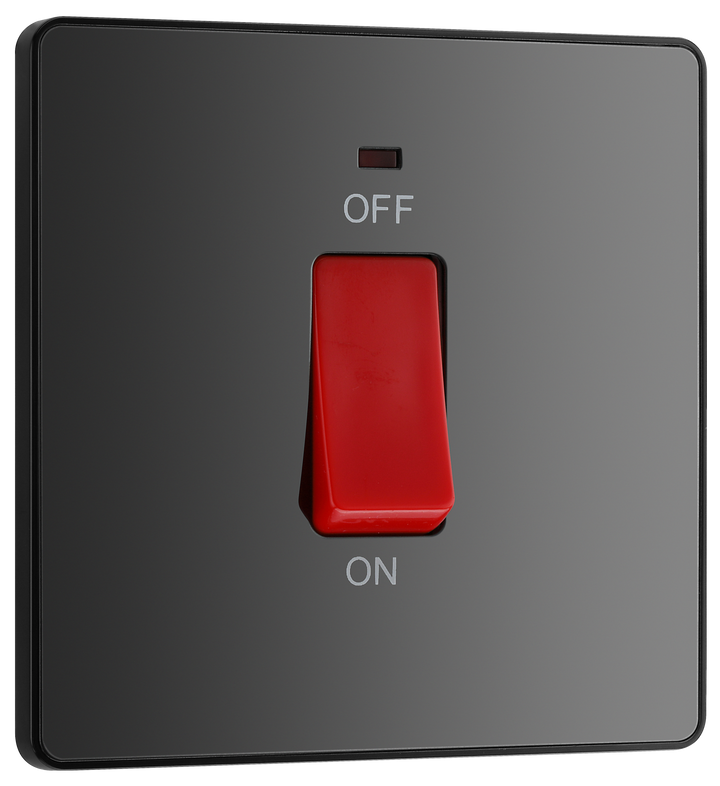 PCDBC74B Front - This Evolve Black Chrome 45A double pole switch with indicator from British General is ideal for use with cookers and ovens.